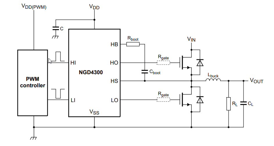 Schéma du circuit d'application - Nexperia Pilotes de grille de MOSFET doubles 4 A NGD4300